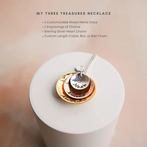 Vista 3 de My Three Treasures - Collar con dije personalizado con discos chapados en plata 925, oro y oro rosa. Personalizado con cualquier palabra o nombre
