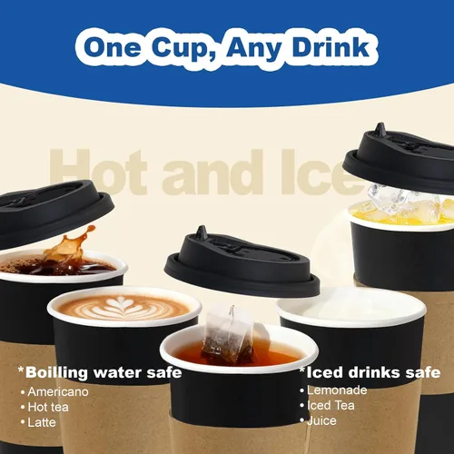 Vista 6 de Paquete de 50 Tazas de Café de 16 oz con Tapas y Fundas, Pajitas, Vasos de Papel Desechables Calientes Para Llevar de Viaje a Granel para Oficina
