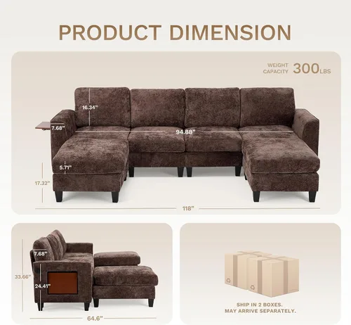 Vista 2 de COLAMY Sofá modular en forma de U de 118 pulgadas, sofá modular de 4 asientos con 2 otomanas y mesa auxiliar plegable para sala de estar