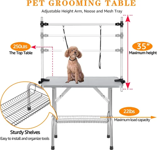Vista 2 de Mesa profesional de aseo para perros y mascotas, ajustable, resistente, portátil, con brazo y lazo y bandeja de malla (gris, 36 pulgadas)