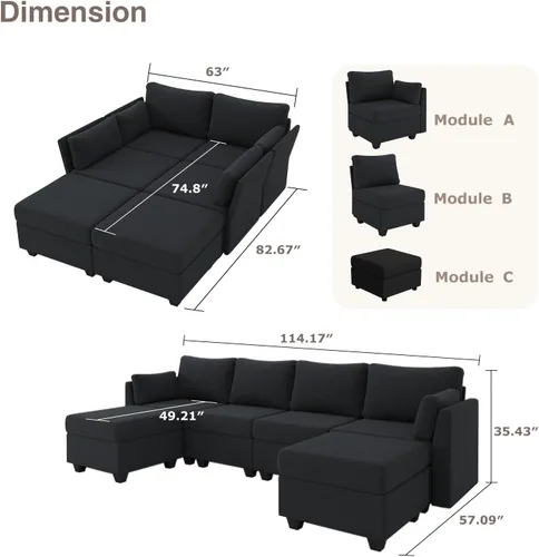 Vista 2 de Huatean Home Sofá Seccional Modular de 114.17", Sofás Seccionales de 6 Asientos con Almacenamiento, Espuma Viscoelástica, Sofá Modular Convertible
