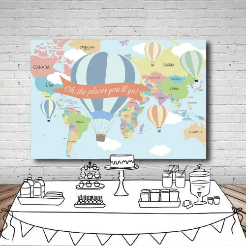 Vista 5 de MEHOFOND Mapa de viaje, decoración de fiesta de cumpleaños, telón de fondo de viaje alrededor del mundo, globo aerostático Oh The Places You Will Go