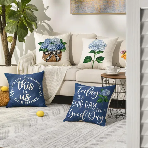 Vista 2 de AVOIN colorlife Juego de 4 fundas de almohada de hortensias azules para primavera y verano, 16 x 16 pulgadas, diseño de «Today is A Good Day»