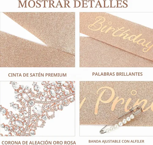 Vista 3 de CAVETEE Corona y banda de princesa de cumpleaños, corona de cumpleaños con banda de purpurina para decoraciones de fiesta de princesa, accesorios