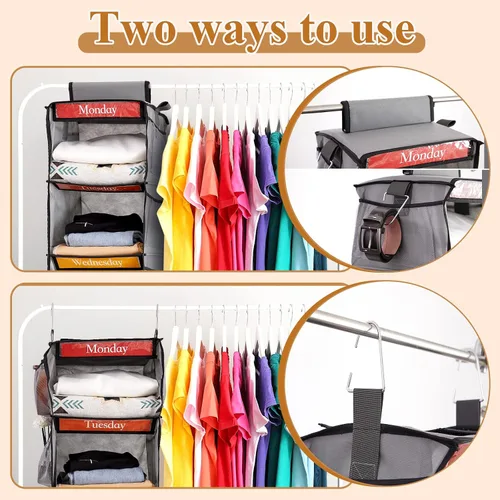 Vista 6 de Amylove Paquete de 2 organizadores semanales de ropa de 6 estantes para niños con bolsillo lateral, organizador de ropa para días de la semana de 47