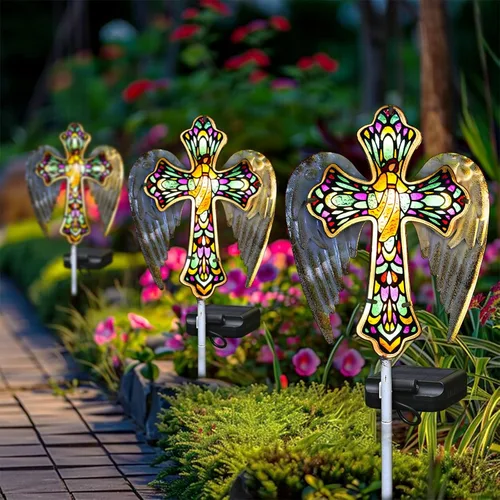 Vista 8 de YJFWAL Luz Solar de Estaca de Jardín con Cruz de Cristal, Decoraciones de Cementerio para Luces Exteriores de Tumba, Regalos Conmemorativos