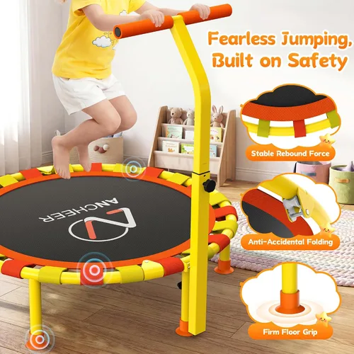 Vista 5 de ANCHEER Trampolín infantil de 38 pulgadas, mini trampolín de capacidad de 150 libras para niños de 1 a 6 años, mango ajustable, plegable y fácil