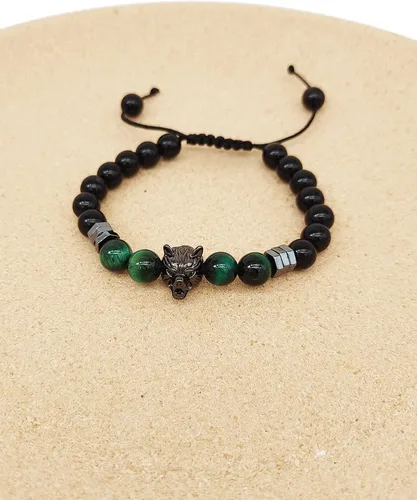 Vista 3 de CEYIYA Viking Wolf Head Bracelet - Anti Anxiety Energy Stone Beaded Bracelet for Men and Boys,Healing Crystal Stress Relief Charm Wolf Bracelet for