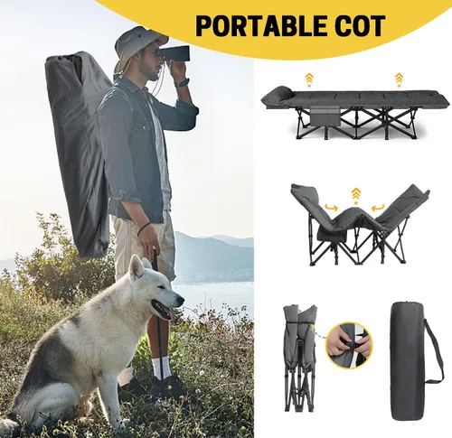Vista 7 de ATORPOK Catre de camping para adultos con cojín y almohada, cama plegable portátil para dormir, catre ligero para tienda con bolsa de transporte que
