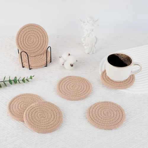 Vista 4 de Posavasos tejidos de algodón con soporte, juego de 8 posavasos absorbentes para protección de mesa, decoración del hogar, gafas, tazas, bar, regalo