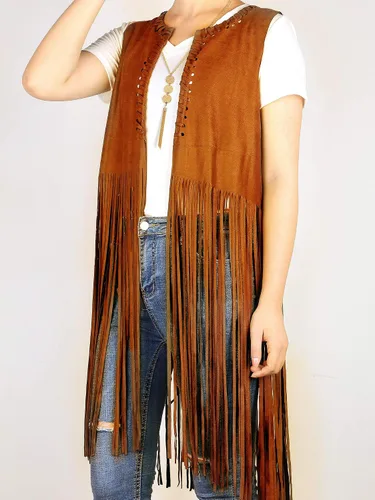 Vista 4 de WILLBOND Conjunto de disfraz hippie de 4 piezas para mujer, chaleco con borlas de gamuza sintética con flecos
