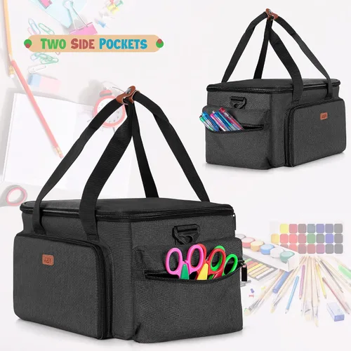 Vista 4 de LUXJA Bolsa de manualidades de gran capacidad con correa para el hombro, bolsa de manualidades para arte, álbumes de recortes o suministros de Negro