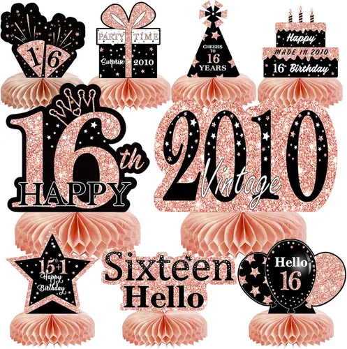 Vista 21 de 9 piezas de decoración de cumpleaños negro dorado 16 centros de mesa de panal para niños y niñas, centros de mesa de feliz cumpleaños 16 Oro negro 16