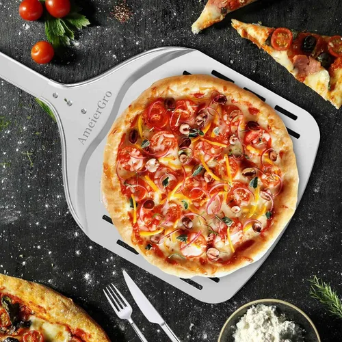 Vista 5 de Pala de pizza perforada de 12 pulgadas, mango largo (31 pulgadas), espátula de pizza de aluminio anodizado, accesorios para horno de pizza