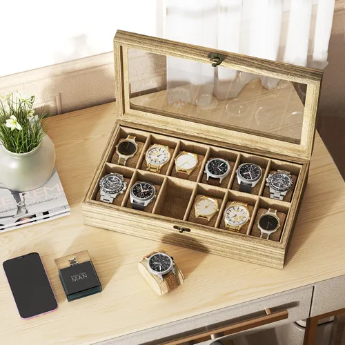Vista 2 de SRIWATANA Caja de reloj, organizador de caja de reloj para hombres y mujeres, regalo del día del padre, 12 ranuras para reloj con tapa de cristal