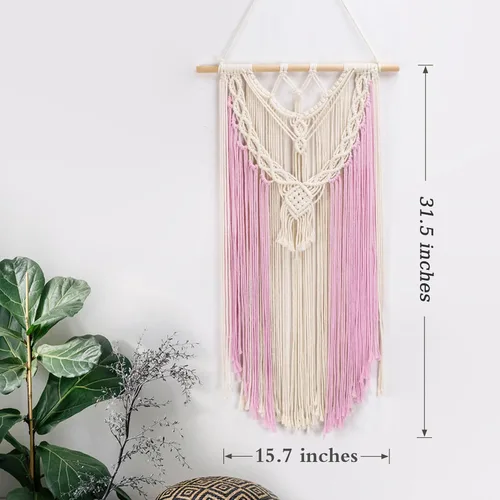 Vista 7 de LB Colgante de pared de macramé rosa, decoración de pared de macramé bohemio, borla rosa y beige, bohemio, tejido a mano, macramé, decoración