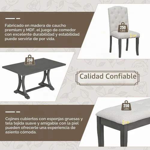 Vista 6 de Juego de mesa de comedor de 6 piezas estilo granja, mesa rectangular con soporte y 4 sillas tapizadas y banco, juego de muebles de cocina