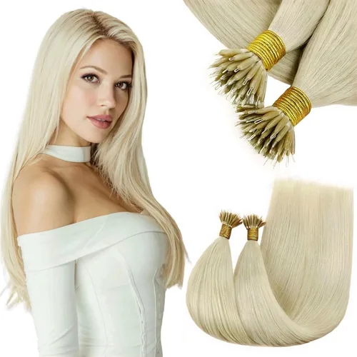 Vista 121 de RUNATURE Extensiones de cabello humano con punta en U, color marrón ceniza a rubio platino
