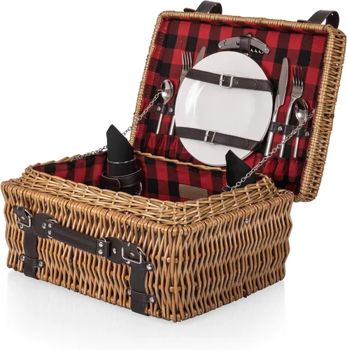 Vista 9 de PICNIC TIME Champion - Cesta de picnic para 2, romántica canasta de mimbre de madera de estilo inglés con servicio de lujo para 2, interior Negro