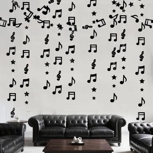 Vista 4 de Guirnalda colgante de estrella negra con notas musicales brillantes, decoración de techo para cumpleaños, baby shower, fiesta, concierto, boda