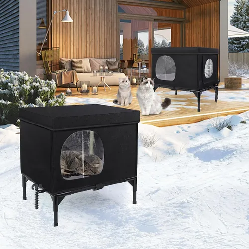 Vista 9 de Casa para gatos al aire libre, resistente a la intemperie, aislada, para gatos con cojín acogedor, refugio elevado para gatos al aire libre