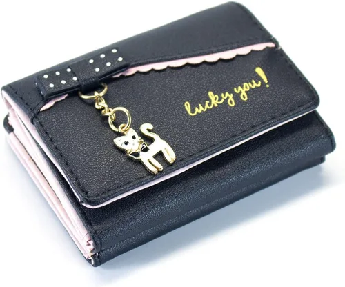 Vista 2 de SUMGOGO Cartera pequeña para mujer, lindo gato, colgante, tarjetero organizador para niñas, bolsillo frontal, monedero de cuero, A-Negro, Minimalista