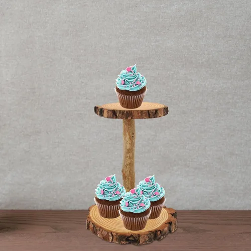 Vista 2 de HOMSFOU - Soporte de madera para cupcakes de 2 niveles, estante de exhibición de postres rústico multicapa, soporte redondo para mesa de boda