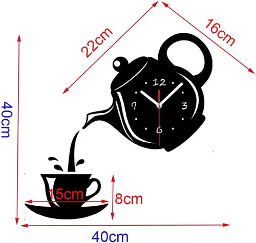 Vista 4 de Kit de reloj de pared sin marco, silencioso, sin tictac, grande, 3D, moderno, creativo, tetera, con espejo, calcomanías de número para sala