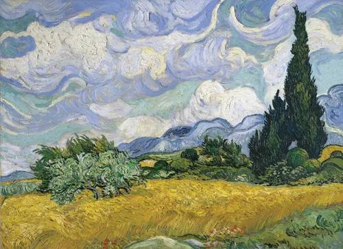 Vista 2 de Campo de trigo con cipreses de Vincent Van Gogh