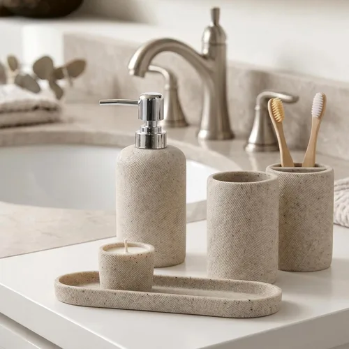 Vista 4 de Juego de accesorios de baño, organizador de baño para encimera, dispensador de jabón y soporte para cepillo de dientes, taza de enjuague bucal
