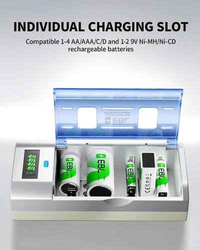 Vista 2 de EBL 906 cargador inteligente para baterías recargables AA AAA C D 9V con 4 baterías recargables 5000mAh C