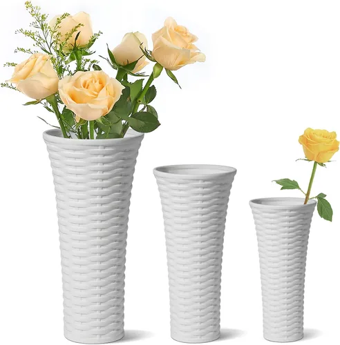 Vista 8 de ComSaf - Jarrones blancos para decoración de cerámica, juego de 3, jarrones de porcelana únicos para decoración del hogar, jarrones estilo ratán