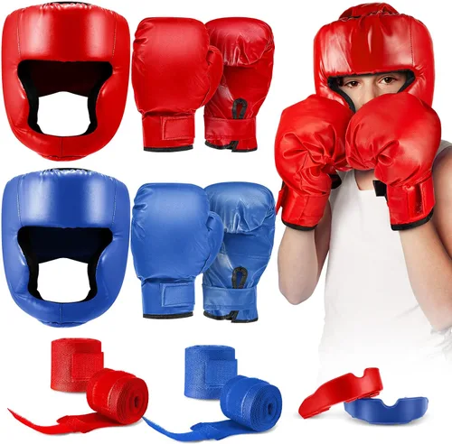 Vista 10 de Kanayu Juego de 12 piezas de equipo de boxeo para niños principiantes de 6 a 18 años, incluye casco de boxeo y guantes, vendas, protectores bucales