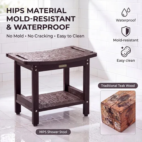 Vista 4 de HDPS - Banco de ducha impermeable para silla de ducha con estante de almacenamiento, color café