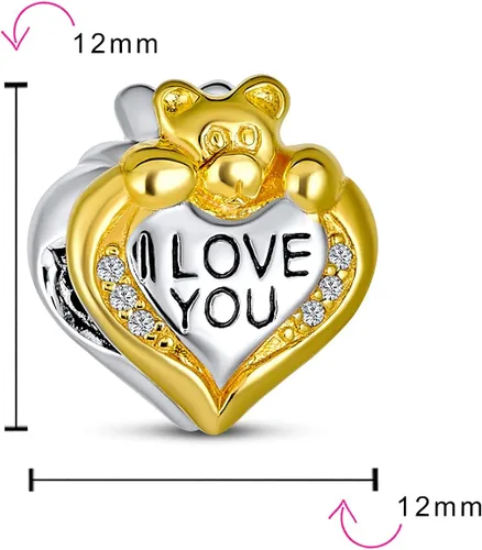 Vista 3 de I Love You CZ Accent Red Heart Stuffed Animal Teddy Bear Hug Charm Bead For Women Teen Daughter Gold Plated .925 Sterling Silver Fits European