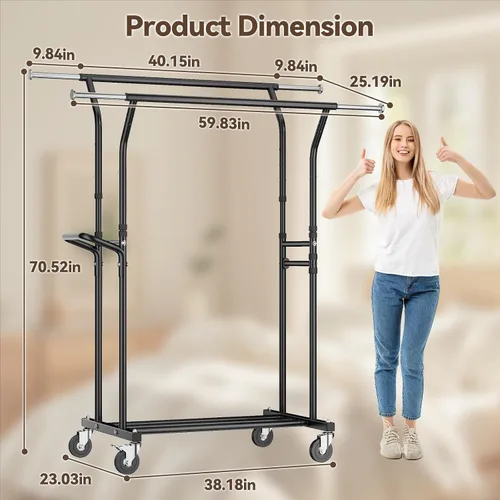 Vista 8 de Perchero de ropa resistente: 800LBS Perchero de ropa con ruedas para colgar abrigos, barras dobles, estantes de tela portátiles con ruedas Estante