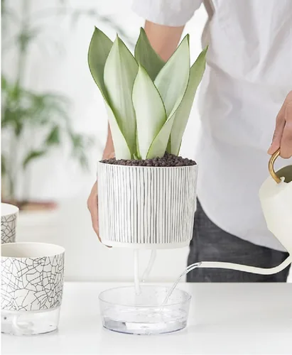 Vista 7 de Macetas de riego automático para plantas de interior, macetas, maceta de riego automático, 2 piezas de 4 + 5.3 pulgadas, rayas negras