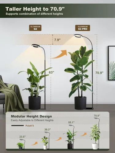 Vista 2 de GLOWRIUM Luz LED de Cultivo de 24W para Plantas de Interior, Altura Ajustable de 23.5-71", Espectro Completo de 3 Modos de Crecimiento para Luz