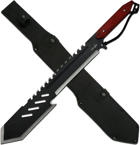 Vista 5 de Survivor Machete de espiga completa de 23.5 pulgadas con hoja de acero 3Cr13MoV de 17.5 pulgadas, acabado oxidado negro, mango de fibra de nailon