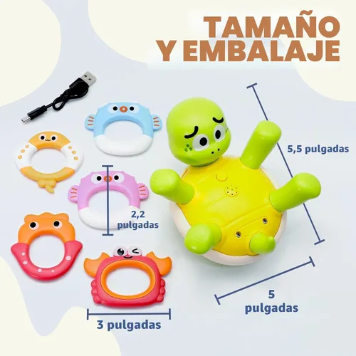 Vista 6 de Sizobi Juguetes de Baño para Bebés, Juguete de Baño de Tortuga Recargable con Rociador para Niños Pequeños con 5 Anillos, Juguete de Rociador
