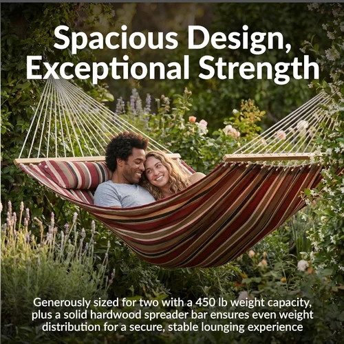 Vista 4 de Sunnydaze - Hamaca doble acolchada para exterior con almohada, toldo a Awning Stripe