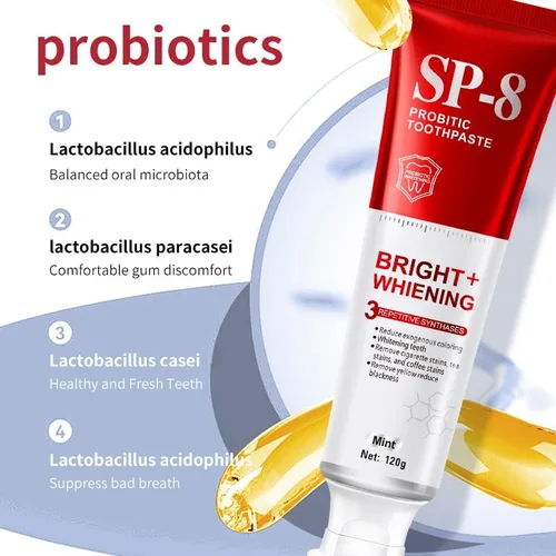Vista 5 de SP-8 Probióticos pasta de dientes blanqueadora - Probióticos para blanquear los dientes y la salud de las encías - Seguro para esmalte, sin flúor