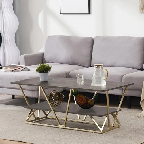 Vista 8 de ivinta Mesa auxiliar con almacenamiento, mesa central rectangular moderna con mármol sintético y marco dorado para espacios pequeños, mesa de sala