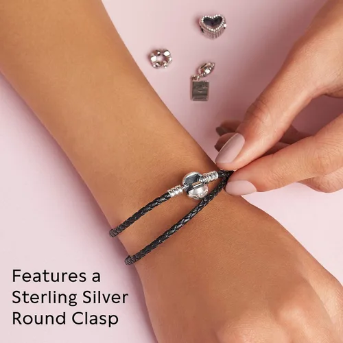 Vista 4 de PANDORA Jewelry Black Leather Charm Sterling Silver Bracelet