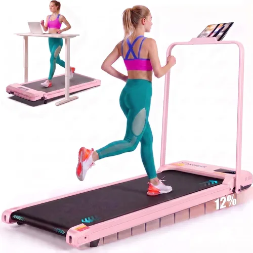 Vista 10 de ANCHEER Caminadora con escritorio, caminadora plegable de 3.5 HP con 15% de inclinación y barra de mango, ultra silenciosa, capacidad de 450 libras