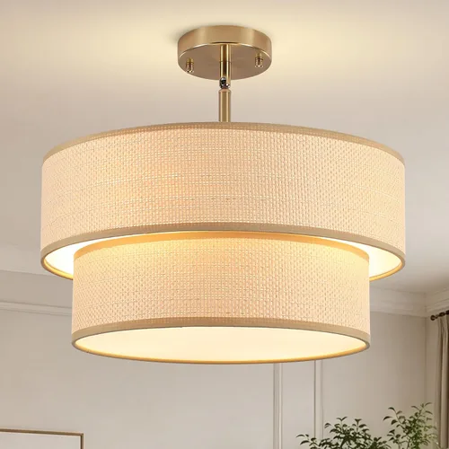 Vista 9 de Rattan Sloped Ceiling Light, 16.53" Woven Semi Flush Mount Boho Fabric Drum Shade, Pendant Lighting, for Dining Room, Foyer, Living Room, Hallway