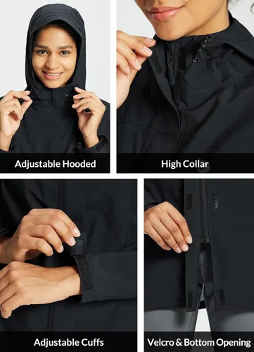 Vista 4 de BALEAF Chaqueta impermeable para mujer, impermeable, ligera, larga, para viajes, exteriores, cortavientos con capucha