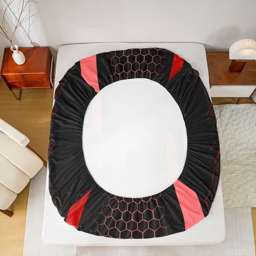 Vista 6 de Manfei Sábana bajera ajustable de panal rojo, tamaño matrimonial, juego de ropa de cama hexagonal geométrica de 3 piezas para decoración de Multi 07