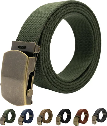 Vista 13 de Cinturón de lona para cinturón, cinturón militar, cinturón de golf, cinturón de uniforme con hebilla de latón antiguo y punta de 50 pulgadas