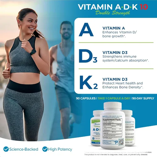 Vista 4 de Power By Naturals ADK 10 - Vitamina A de alta potencia, D3 10000 IU, suplemento K2 MK7 – 90 pastillas (1 unidad) para 3 meses de apoyo a la salud